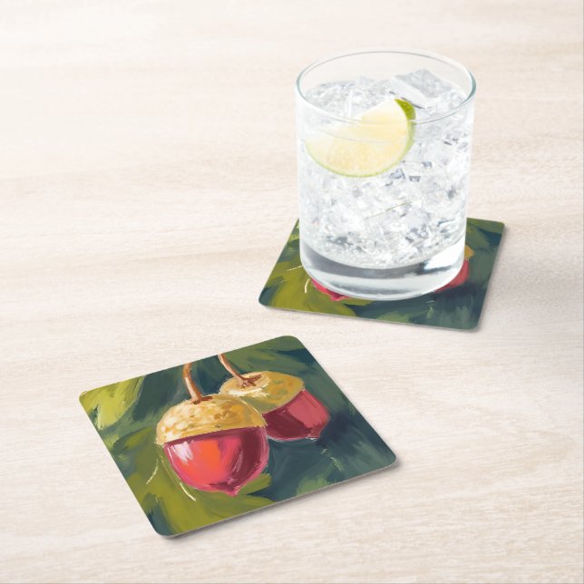 Herbst Eicheln | Wasserfarben Herbst Rot Grün Rechteckiger Pappuntersetzer (Vor Ort)