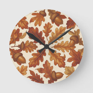 Herbst-Eichenblätter Eicheln Braun Nahtloser Herbs Runde Wanduhr