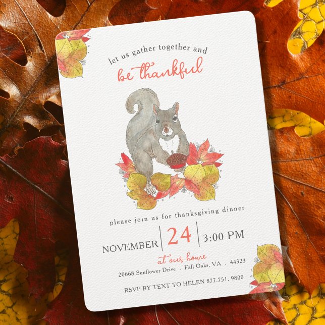 Herbst-Eichhörnchen-Erntedank Einladung (Squirrel Watercolor Thanksgiving Dinner Party Invitation)