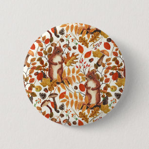 Herbst-Eichhörnchen und Herbstflora auf Weiß Button