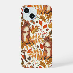 Herbst-Eichhörnchen und Herbstflora auf Weiß iPhone 15 Hülle