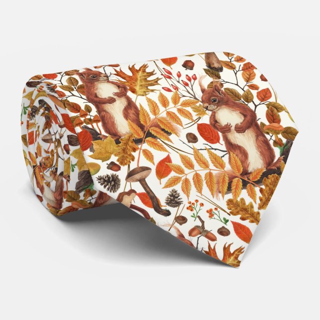 Herbst-Eichhörnchen und Herbstflora auf Weiß Krawatte (Gerollt)