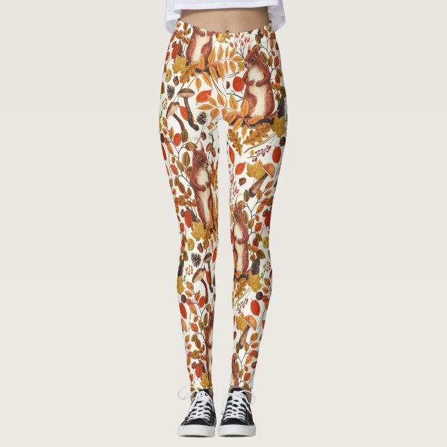 Herbst-Eichhörnchen und Herbstflora auf Weiß Leggings (Vorderseite)