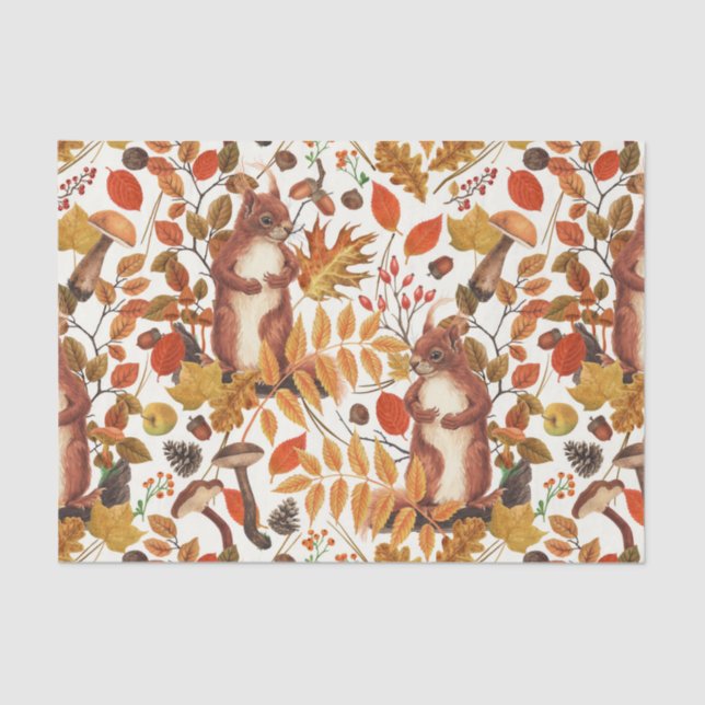 Herbst-Eichhörnchen und Herbstflora auf Weiß Seidenpapier (Vorderseite)
