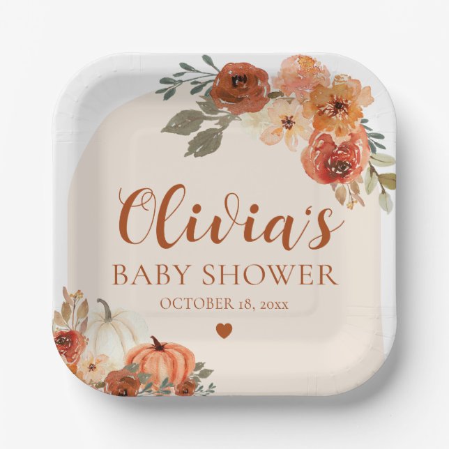 Herbst eine kleine Pumpkin Autumn Floral Baby Show Pappteller (Vorderseite)