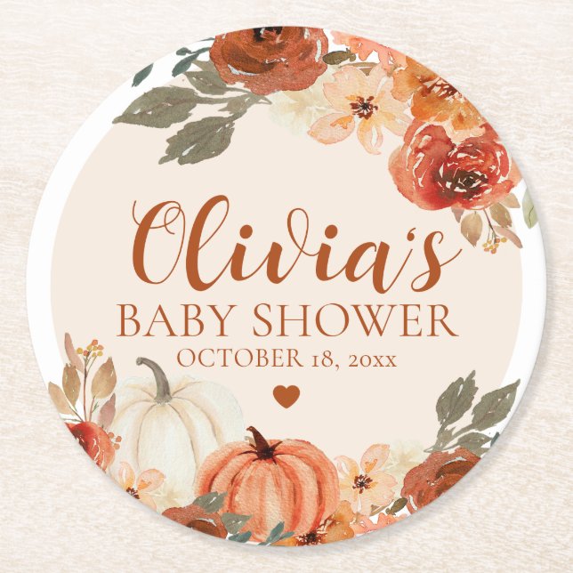 Herbst eine kleine Pumpkin Autumn Floral Baby Show Runder Pappuntersetzer (Vorderseite)