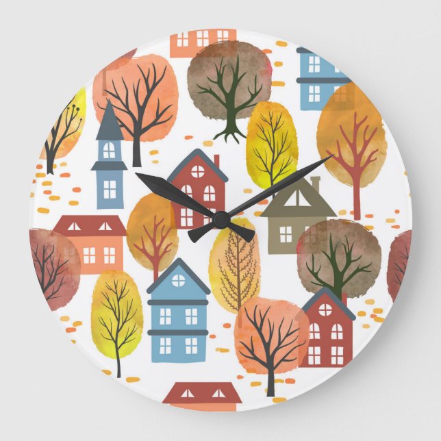 Herbst Elegance: Wasserfarben Stadt und Bäume Große Wanduhr (Vorderseite)