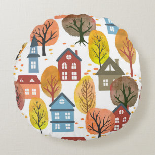 Herbst Elegance: Wasserfarben Stadt und Bäume Rundes Kissen