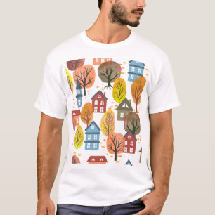 Herbst Elegance: Wasserfarben Stadt und Bäume T-Shirt