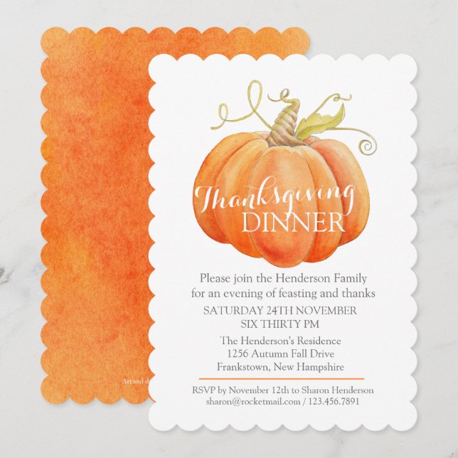 Herbst Erntedank Abendessen laden Aquarellkürbis e Einladung (Vorne/Hinten)