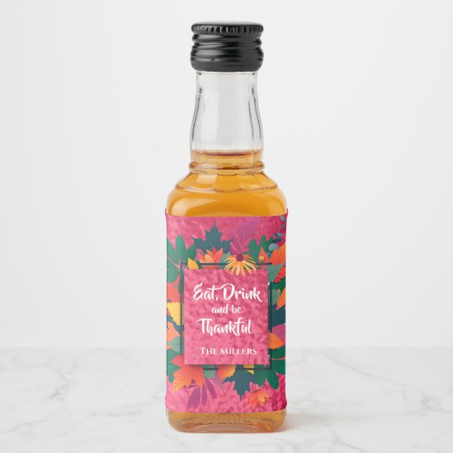 Herbst Erntedank Blätter auf Hot Pink Alkoholflaschenetikett (Vorderseite)