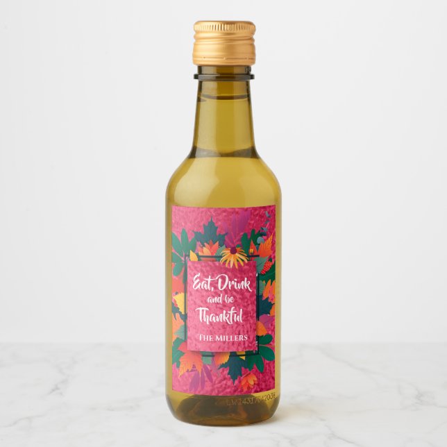 Herbst Erntedank Blätter auf Hot Pink Weinetikett (Vorderseite)