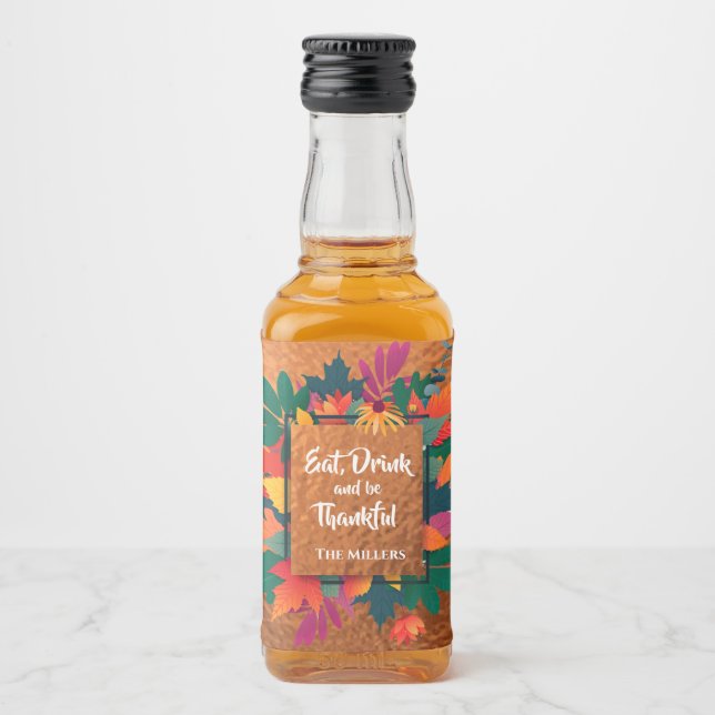 Herbst Erntedank Blätter auf Kupfer Alkoholflaschenetikett (Vorderseite)