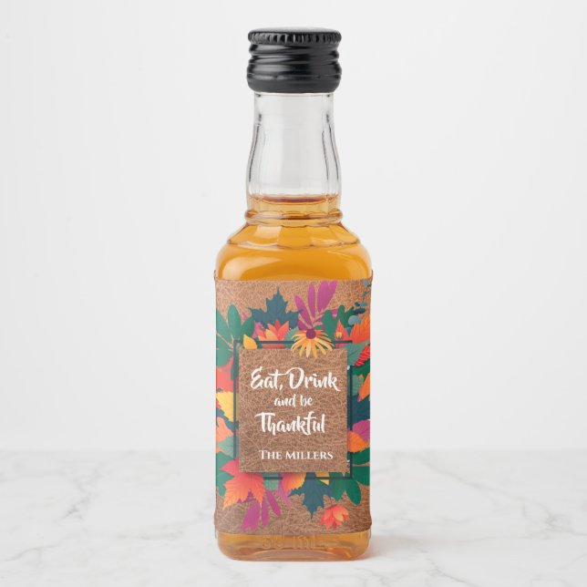 Herbst Erntedank Blätter auf Leder Alkoholflaschenetikett (Vorderseite)