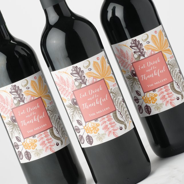 Herbst Erntedank Botanicals Weinetikett (Fall Autumn Thanksgiving Botanicals Wine Bottle Labels)
