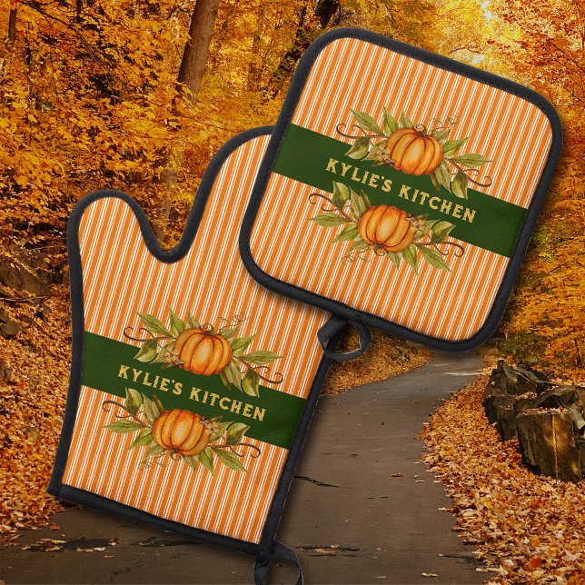 Herbst Erntedank Pumpkins Orange Striping Ofenhandschuh & Topflappen-Set (Personalized seasonal pot holder set perfect  for fall, Halloween, and Thanksgiving!)