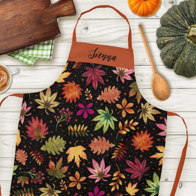 Herbst ernten Herbstlaube und schwarzer Folienname Schürze (Autumn Harvest Fall Leaves and Foliage Black Name Apron)
