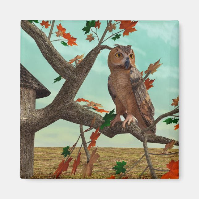 Herbst-Eulen-Ahornbaum-Wildlife-Kunst Magnet (Vorne)