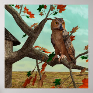 Herbst-Eulen-Ahornbaum-Wildlife-Kunst Poster