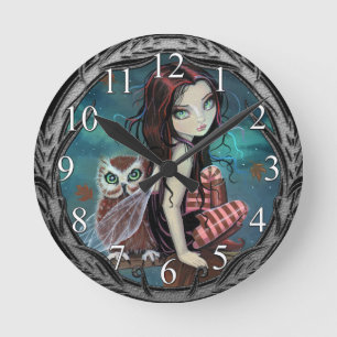 Herbst-Eulen-Fee-Fantasy-Kunst-Wanduhr Runde Wanduhr