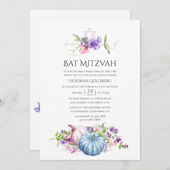 Herbst - Fall Floral Bat Mitzvah Einladung (Vorne/Hinten)