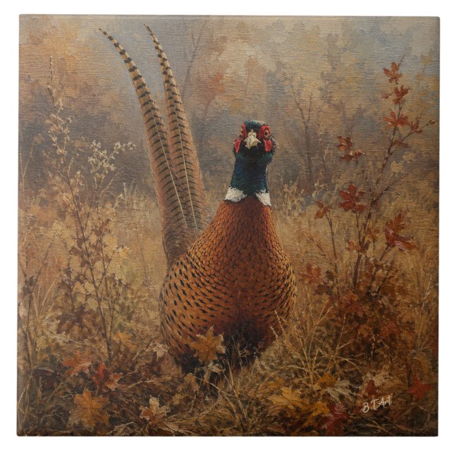 Herbst-Fasan-Ölgemälde  Fliese (Vorderseite)