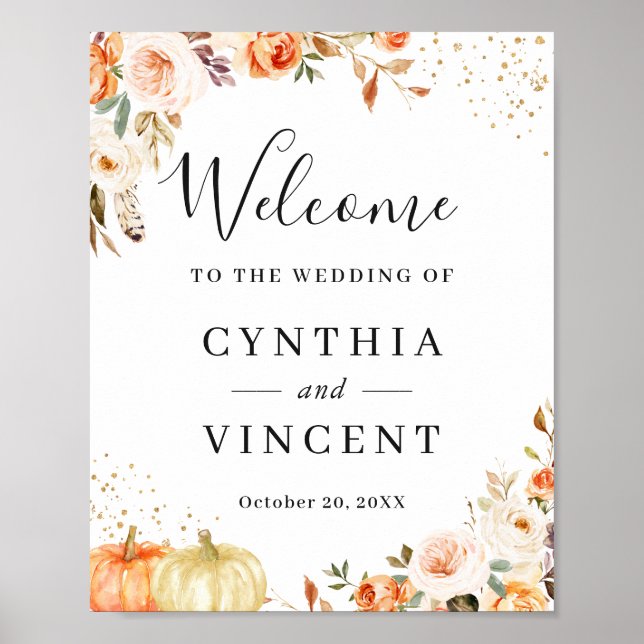 Herbst Floral Gold Confetti Hochzeit Begrüßungszei Poster (Vorne)