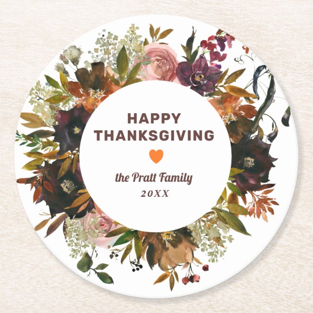 Herbst floral Happy Thanksgiving Runder Pappuntersetzer (Vorderseite)