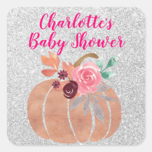 Herbst Floral Kürbis Baby Shower Pink Silber Quadratischer Aufkleber