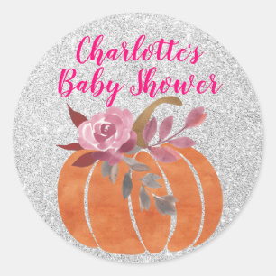 Herbst Floral Kürbis Baby Shower Pink Silber Runder Aufkleber