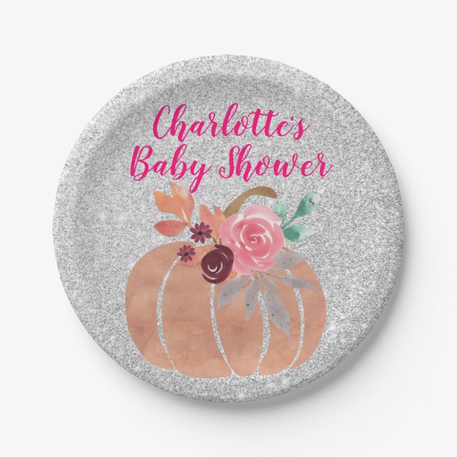 Herbst Floral Pumpkin Baby Dusche Pink Silver Pappteller (Vorderseite)