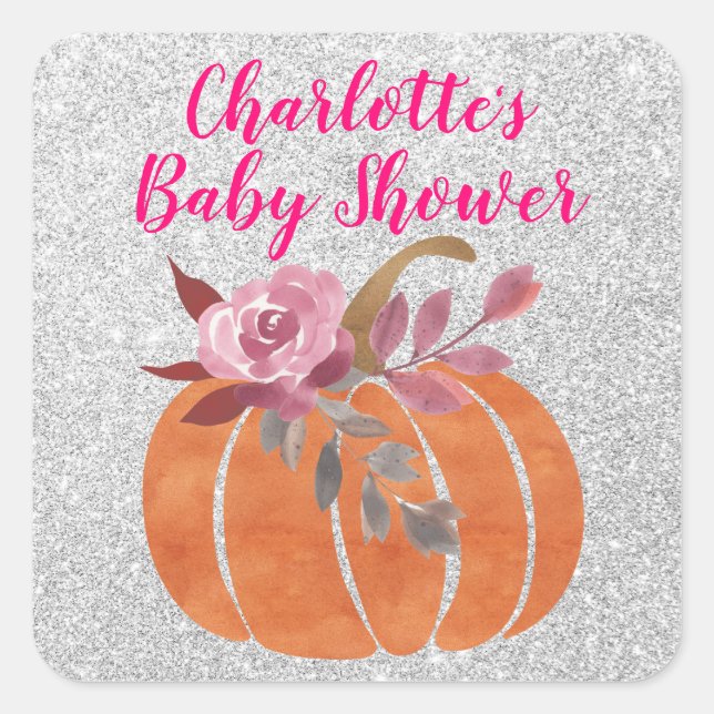 Herbst Floral Pumpkin Baby Dusche Pink Silver Quadratischer Aufkleber (Vorderseite)