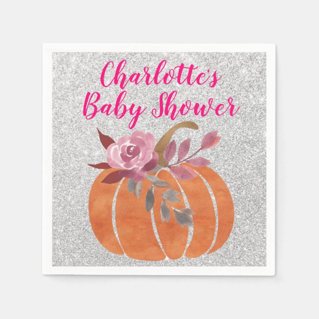 Herbst Floral Pumpkin Baby Dusche Pink Silver Serviette (Vorderseite)