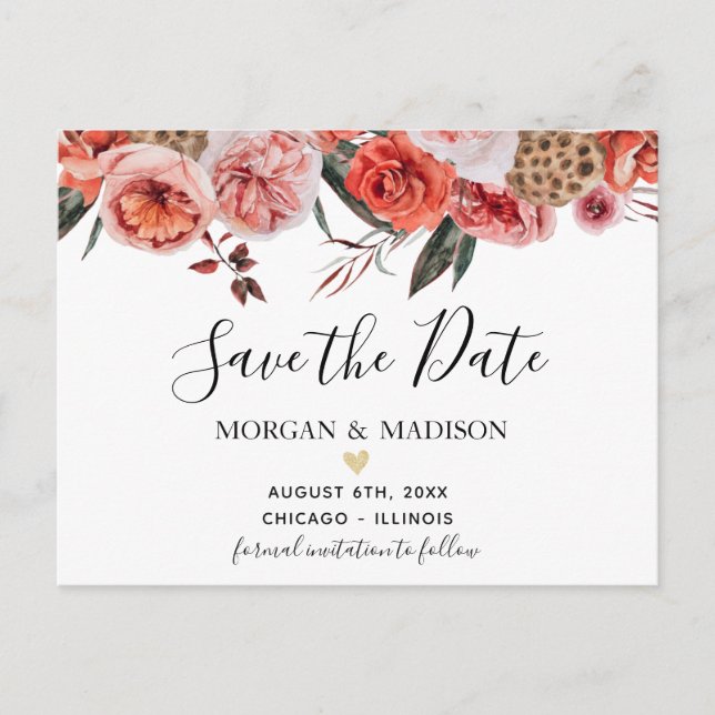 Herbst Floral terracotta Save the Date Postkarte (Vorderseite)
