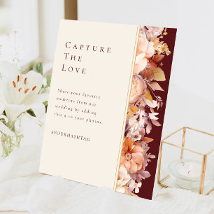 Herbst floraler Burgund Cream Wedding Hashtag Sockelschild