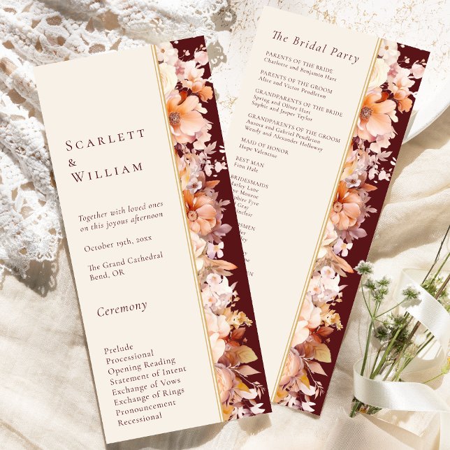 Herbst florales Burgundy Cream Moderne Hochzeit Programm (Von Creator hochgeladen)