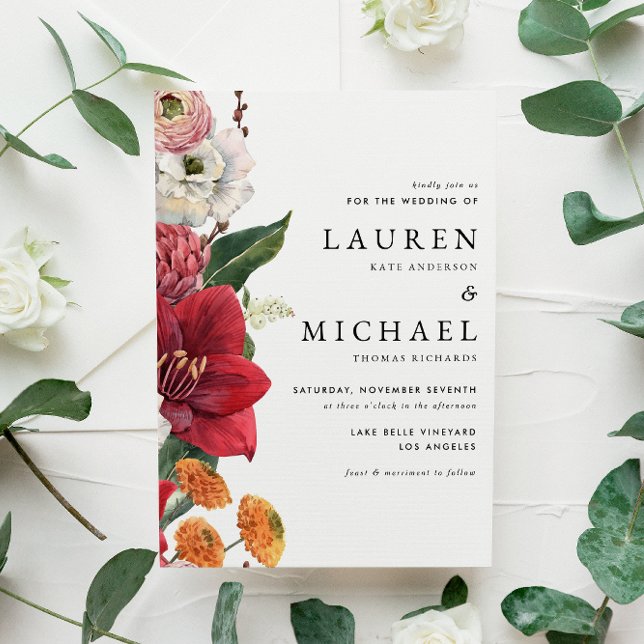 Herbst Florals mit Red Amaryllis QR Code Hochzeit Einladung (Fall-inspired QR code wedding invitation with amaryllis, chrysanthemums, ranunculus, and lisanthus. )