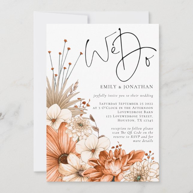 Herbst Florals wir Skript QR Code Hochzeit Einladung (Vorderseite)