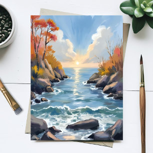 Herbst-Fluss-Sonnenlicht-Herbstlandschaft-Aquarell Postkarte