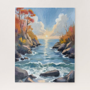 Herbst-Fluss-Sonnenlicht-Herbstlandschaft-Aquarell Puzzle