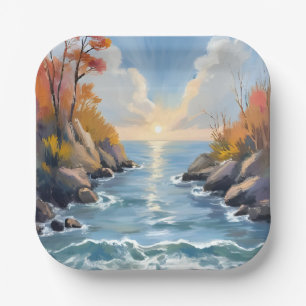 Herbst-Fluss-Sonnenlicht-Landschaft-Aquarell Pappteller
