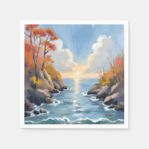 Herbst-Fluss-Sonnenlicht-Landschaft-Aquarell Serviette