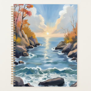 Herbst-Fluss-Sonnenlicht-Wasserfarbenlandschaft Planer