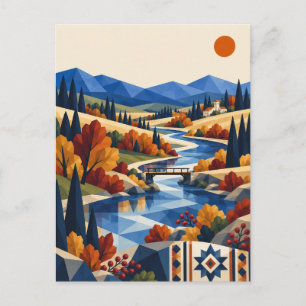 Herbst-Flusstal-Geometrische Landschafts-Grüße Postkarte