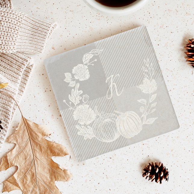 Herbst-Folien Blume & Pumpkins Grau Kariert Steinuntersetzer (Fall Foliage Autumn Flowers & Pumpkins Grey Plaid Stone Coaster)