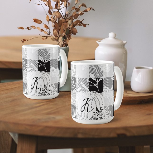 Herbst-Folien Blume und Pumpkins Kariert Kaffeetasse (Fall Foliage Autumn Flowers & Pumpkins Black Plaid Coffee Mug
)