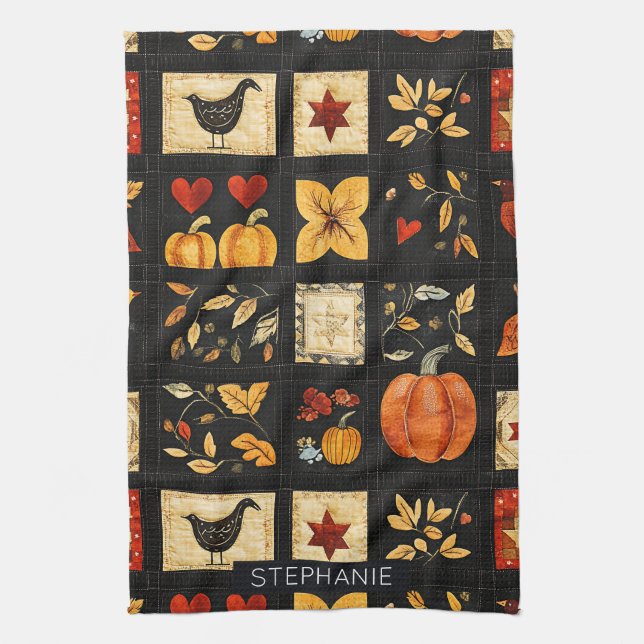 Herbst Folk Art Quilt Muster | Rustikales Patchwor Geschirrtuch (Vertikal)