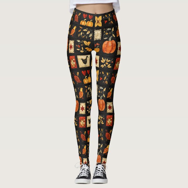Herbst Folk Art Quilt Muster | Rustikales Patchwor Leggings (Vorderseite)