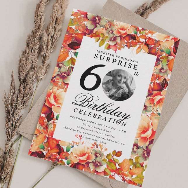 Herbst Foto überragend 60. Geburtstag Einladung (Fall Autumn Floral Photo SURPRISE 60th Birthday Invitation)