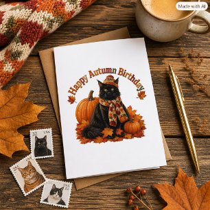 Herbst Geburtstag Schwarze Katze in Cozy Karte